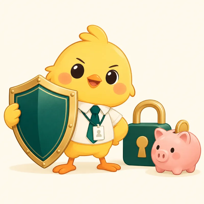카나리가 방패를 들고 자물쇠와 돼지저금통 옆에 서 있는 그림