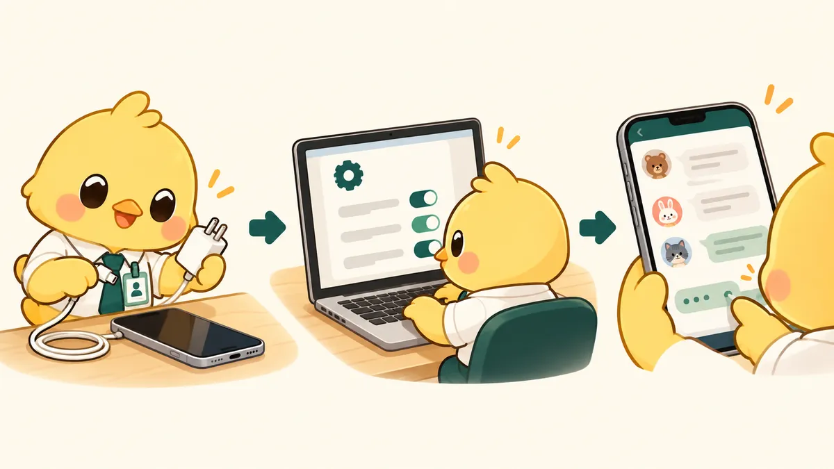 폰과 충전기를 준비하고, 노트북에서 설정한 뒤, 채팅방에서 카나리가 답하는 세 단계 그림