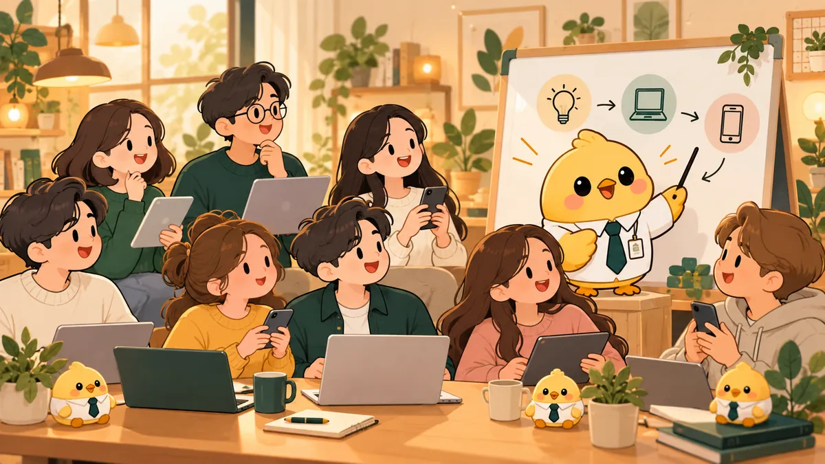 아늑한 스튜디오에서 수강생들이 노트북과 스마트폰으로 실습하고 앞에서 강사가 설명하는 수업 장면 그림