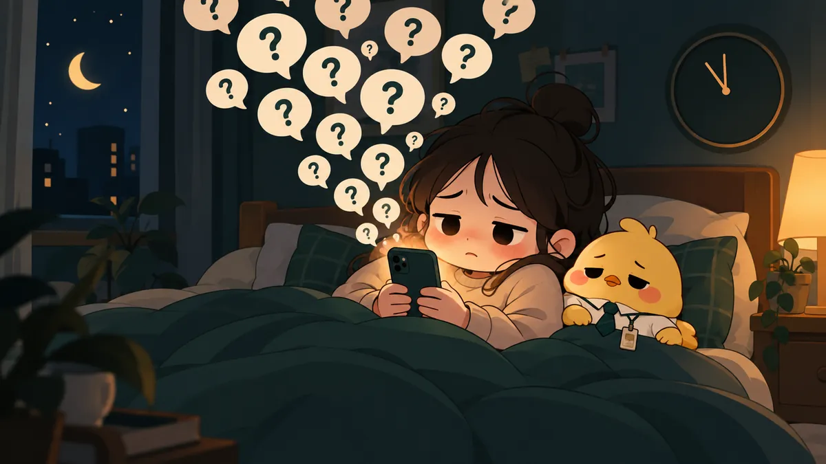 밤늦게 침대에서 지친 얼굴로 폰을 보는 사람 위로 물음표 말풍선이 쏟아지는 그림